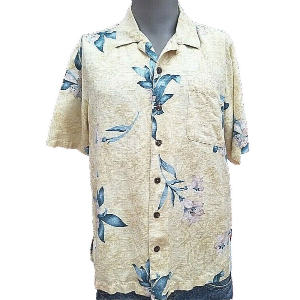 Havana Jacks Cafe Silk Men's Button-Down Hawaiian Shirt Size L Floral Yellow